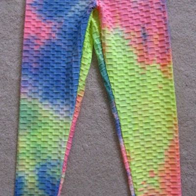 Women's S/M Bright Colorful Ruched Rear Tie Dye leggings Neon pants textured